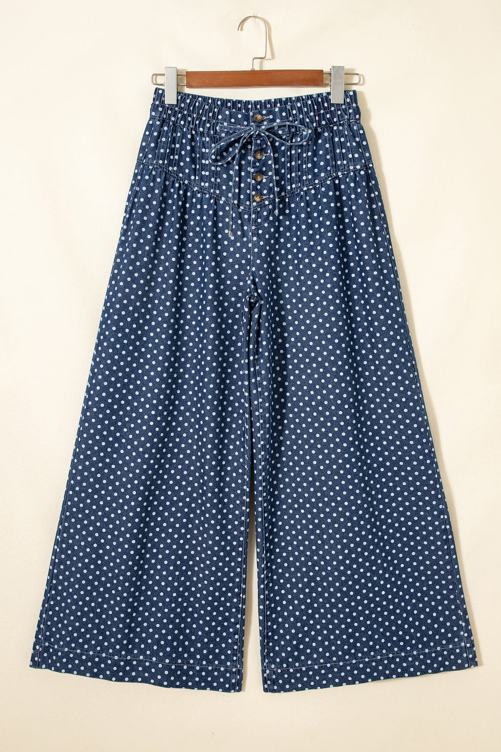 Sky Blue Polka Dot Print Button Pleated Detail Wide Leg Jeans Dear-Lover Dropshipping Bottoms/Jeans