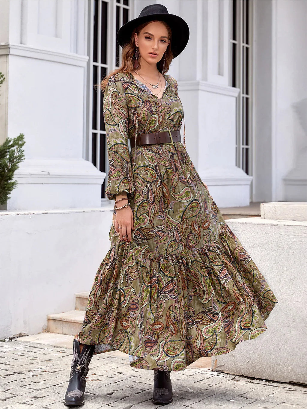 Printed Tie Neck Ruffle Hem Long Sleeve Dress Bazaare Mart Printed Tie Neck Ruffle Hem Long Sleeve Dress