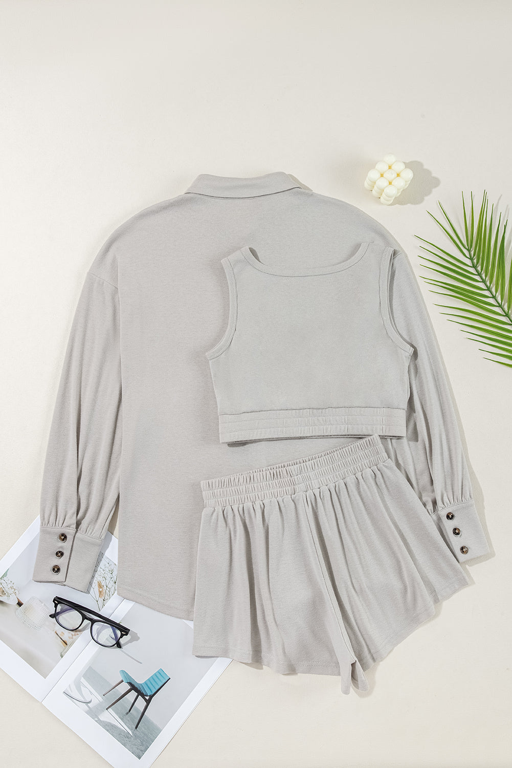 Gray 3 Pc Crop Tank Top Shorts with Cardigan Lounge Set