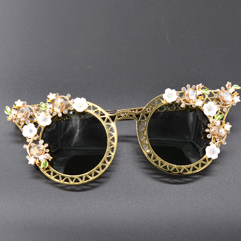 Unique Round Gold Metal Flower Sunglasses