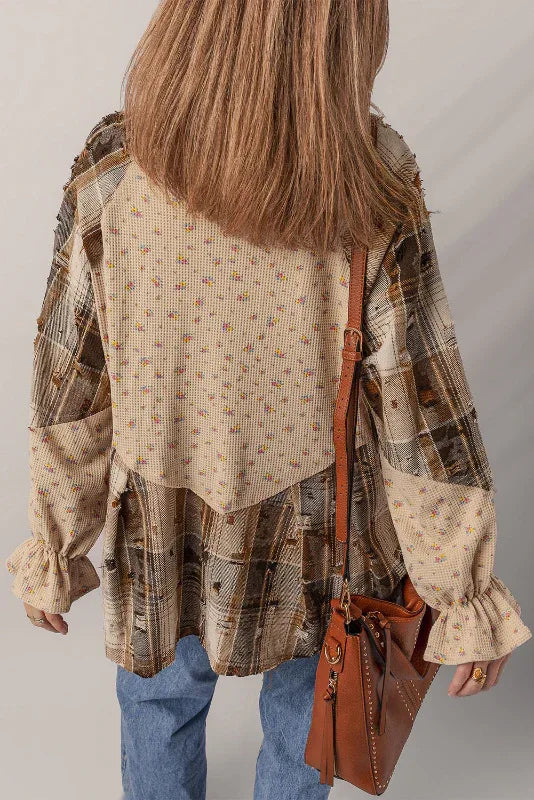 Oatmeal Corduroy Boho Floral Plaid Patchwork Distressed Detail Ruffled Sleeve Blouse Bazaare Mart Blouses