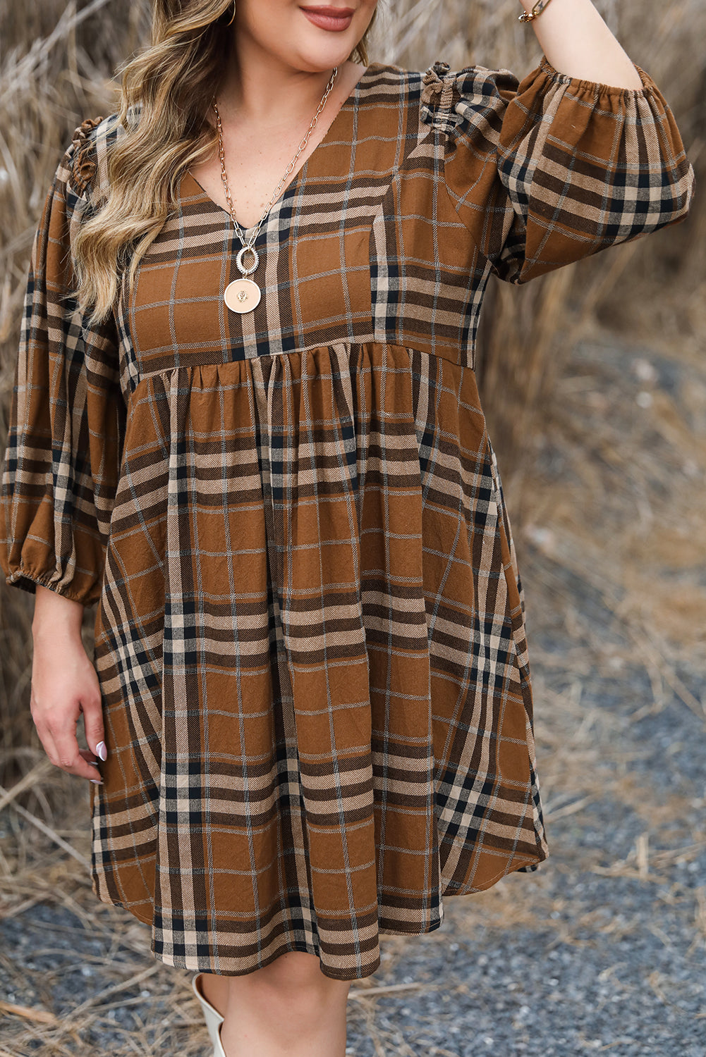 Brown Plaid Plus Size A Line Dress