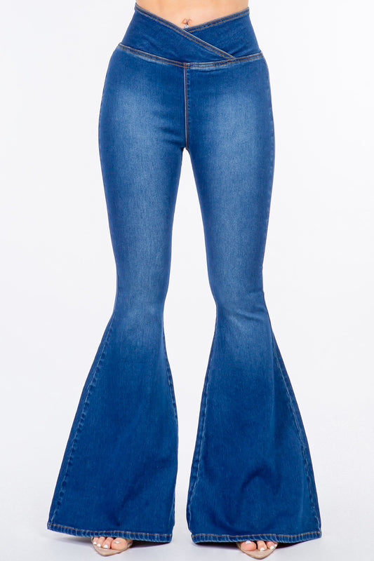 Bell Bottom High Waist Pull On Blue Jeans