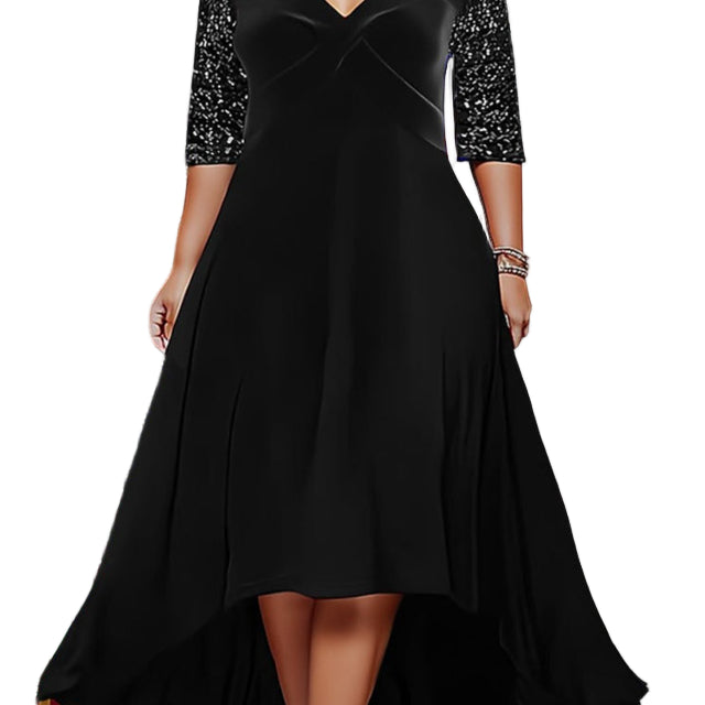 Elegant Sweetheart Neck 3/4 Sequin Sleeve Velvet High Low Midi Dress