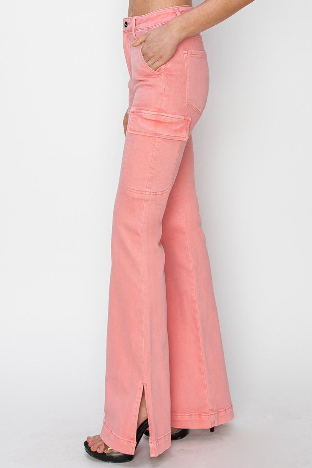 Pink High Rise Side Slit Cargo Bootcut Jeans