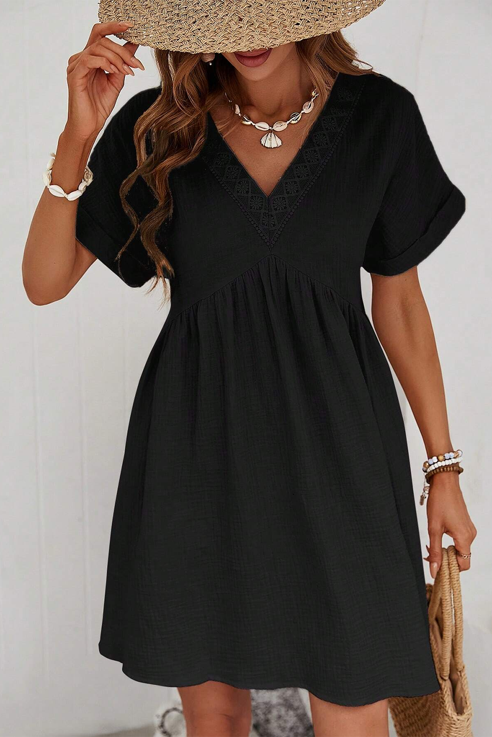 Black Short Sleeve V Neck Mini Dress