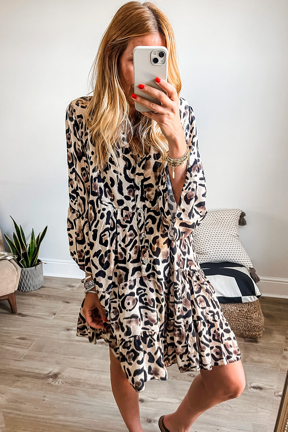 Khaki Leopard Button V Neck Pocket Flowy Mini Dress Shewin Short Dresses