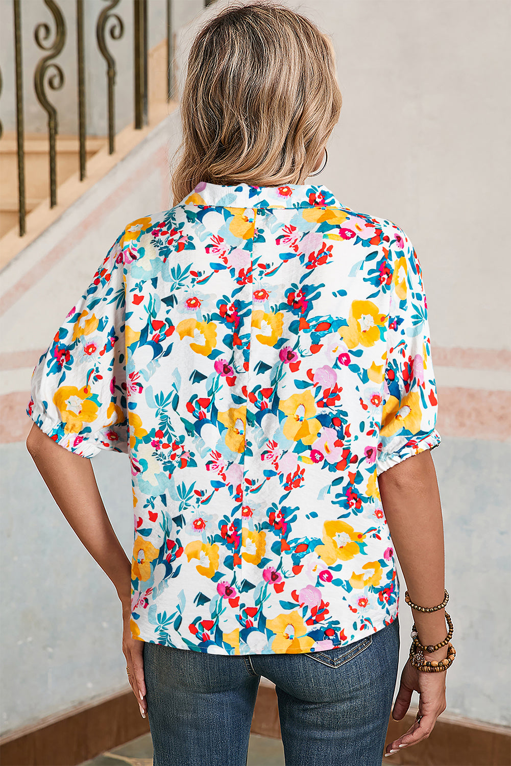 Colorful Floral Print Boho Pop of Color Neckline Blouse Shewin Blouses