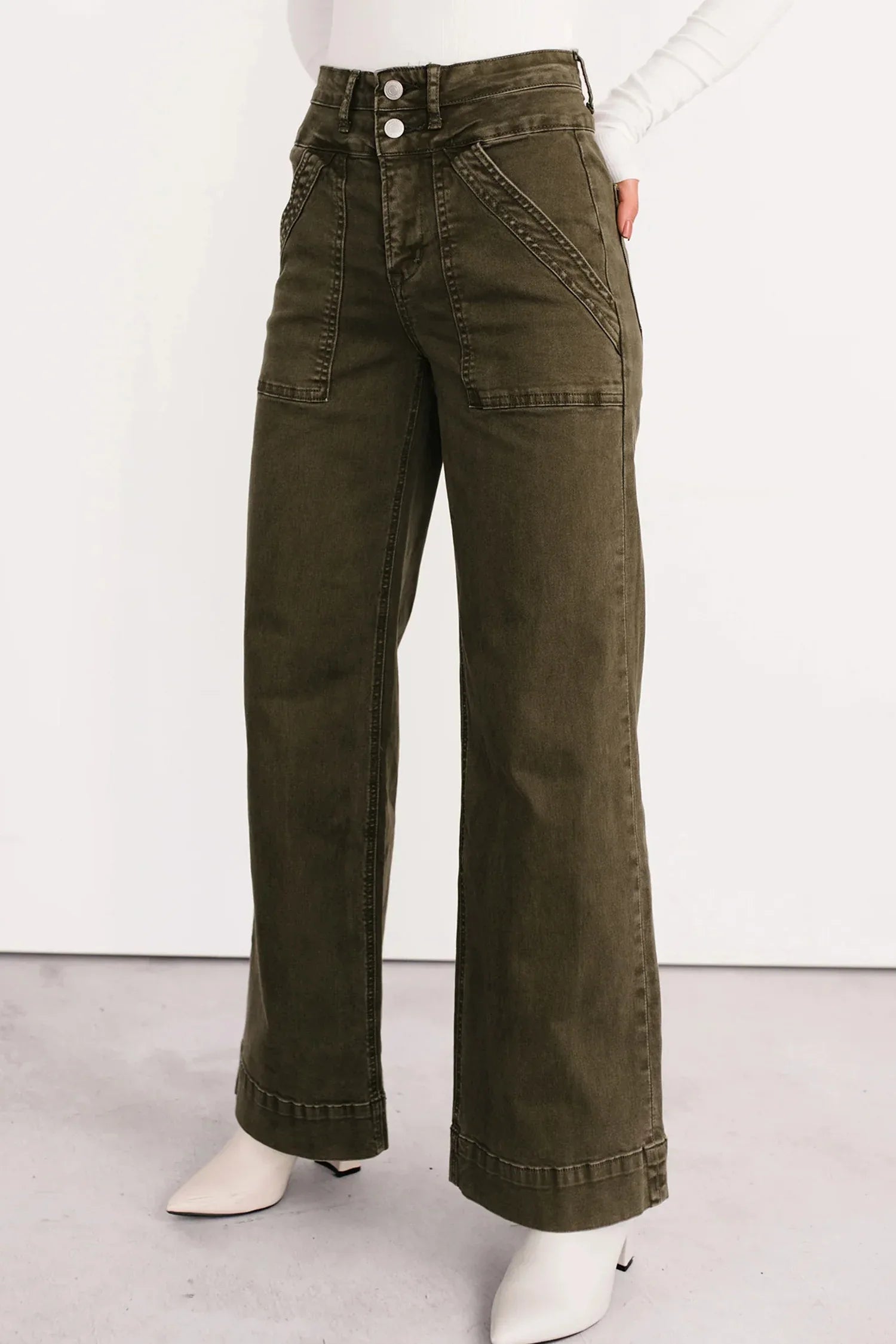 Army Green Double Waistband Loose Straight Jeans Bazarre Mart Bottoms/Jeans