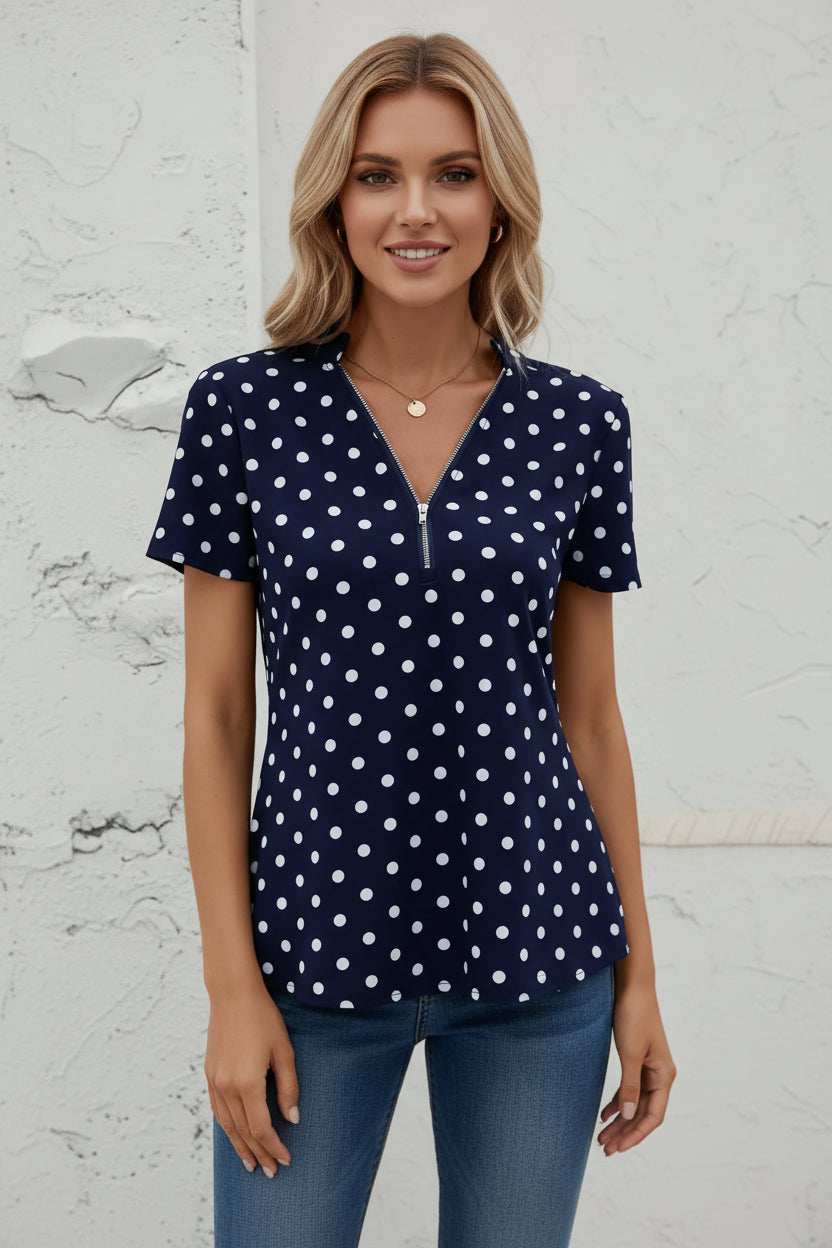Women’s Polka Dot V-Neck Blouse – Elegant Zipper Front Short Sleeve Top CJ Dropshipping Short Sleeve Dot Zip Front Top