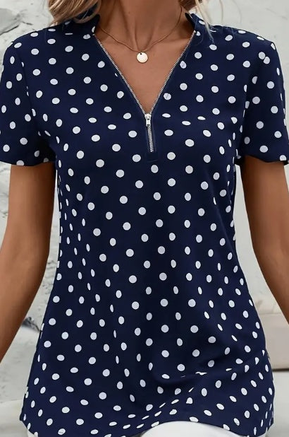 Women’s Polka Dot V-Neck Blouse – Elegant Zipper Front Short Sleeve Top Navy Blue CJ Dropshipping Short Sleeve Dot Zip Front Top