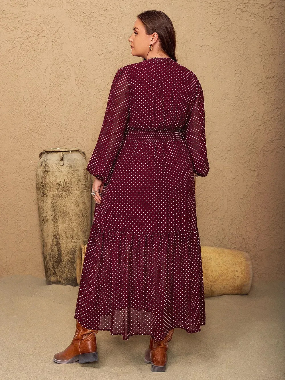 Embroidered Polka Dot Tie Neck Long Sleeve Midi Dress Bazarre Mart Long Sleeve Polka Dot Midi Dress