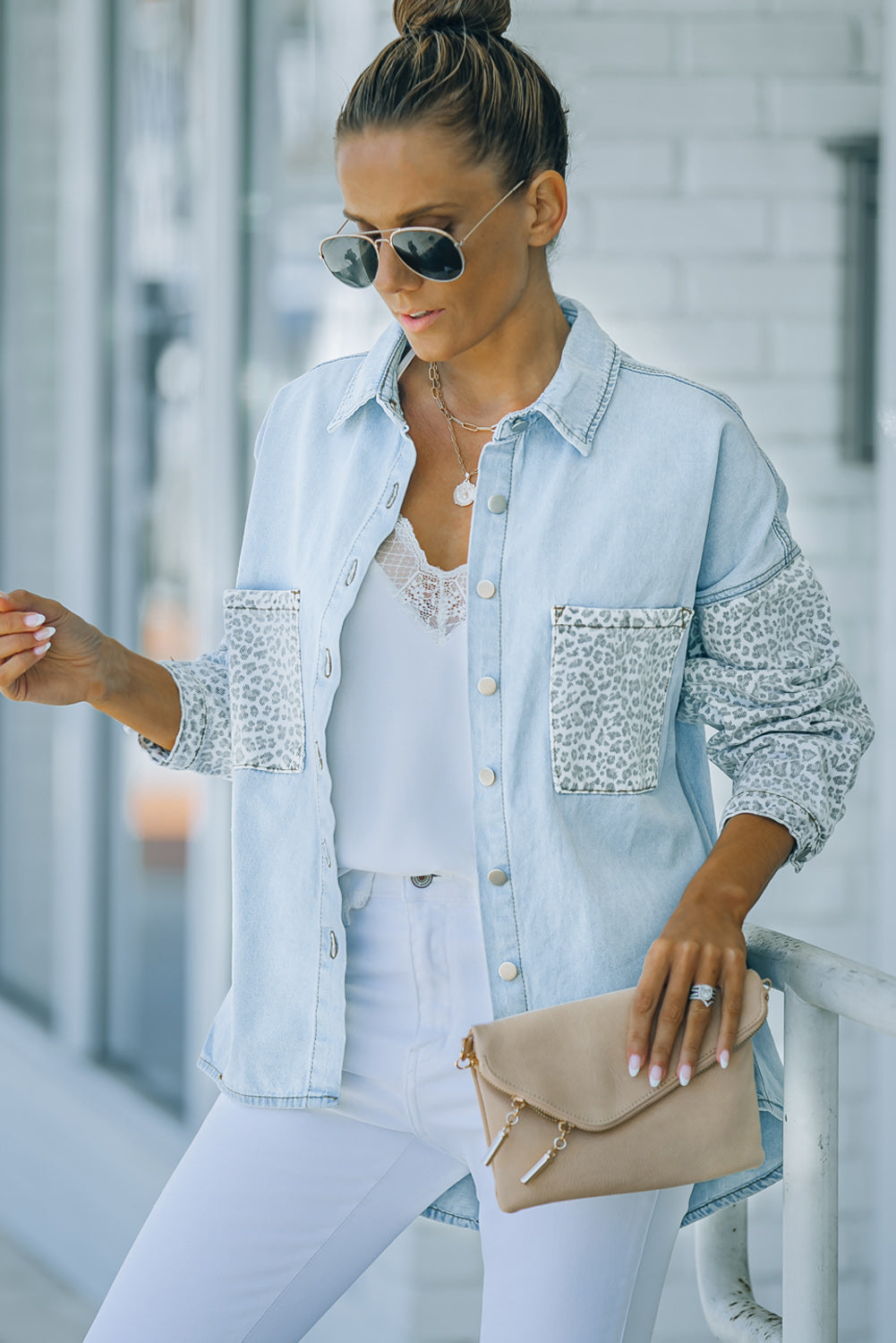 White Contrast Leopard Denim Jacket