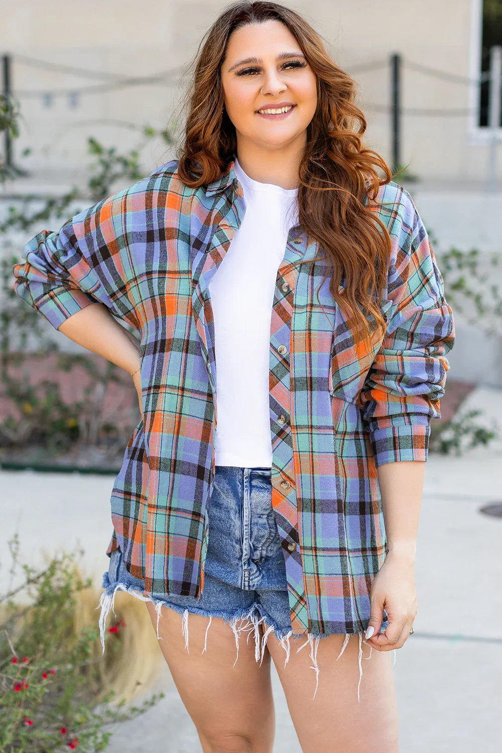 Orange Plus Size Plaid Print Buttoned Shirt Orange 100%Cotton Dear-Lover Dropshipping Plus Size/Plus Size Tops/Plus Size Blouses & Shirts