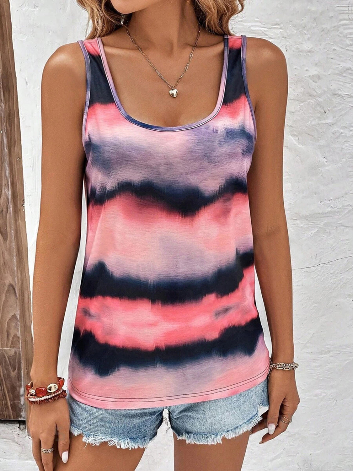 Coral Striped Tie-Dye Tank Top