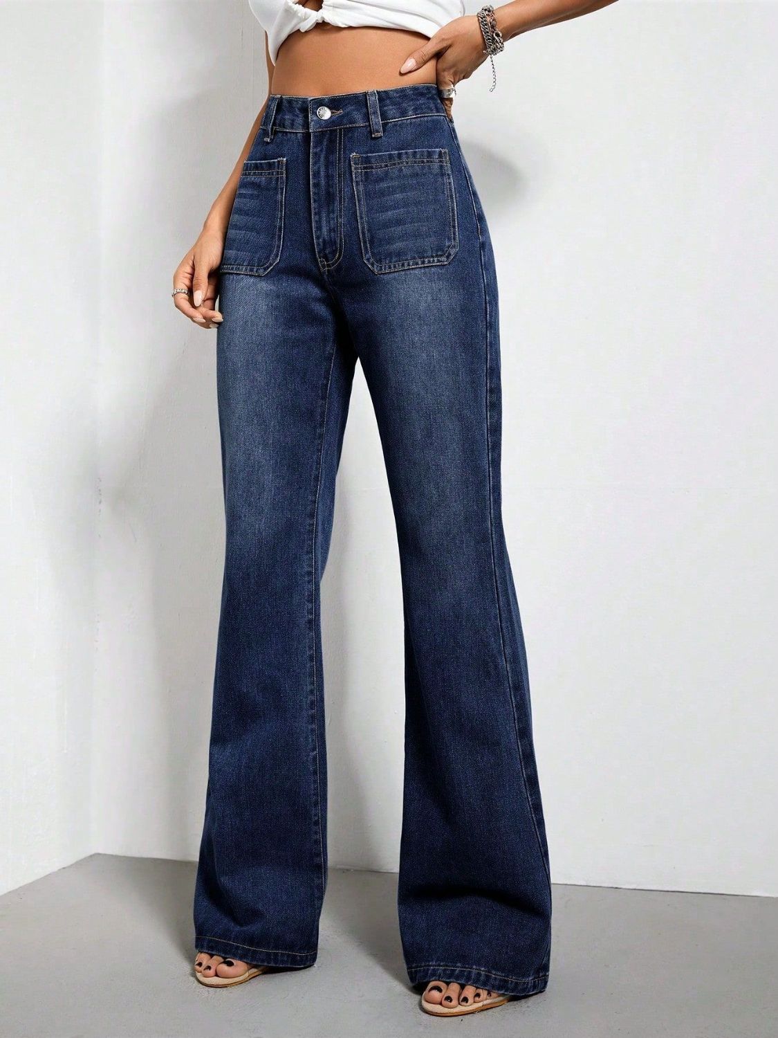 High Waist Bell Bottom Jeans with Pockets