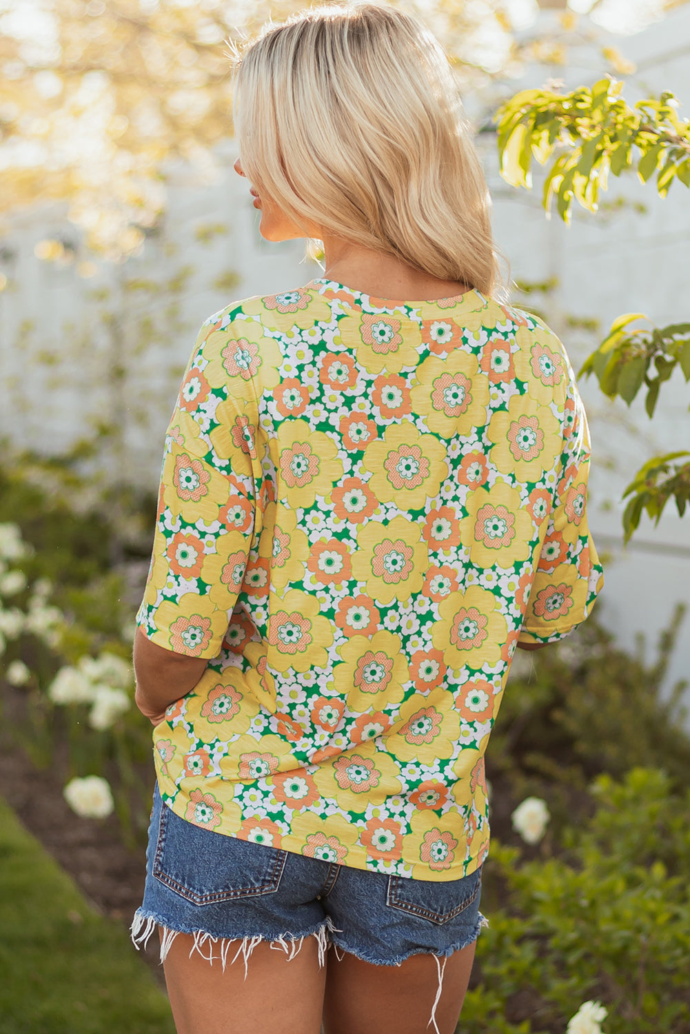 Yellow Summer Flower Printed Drop Shoulder Loose T Shirt Dear-Lover Dropshipping Tops/Tops & Tees