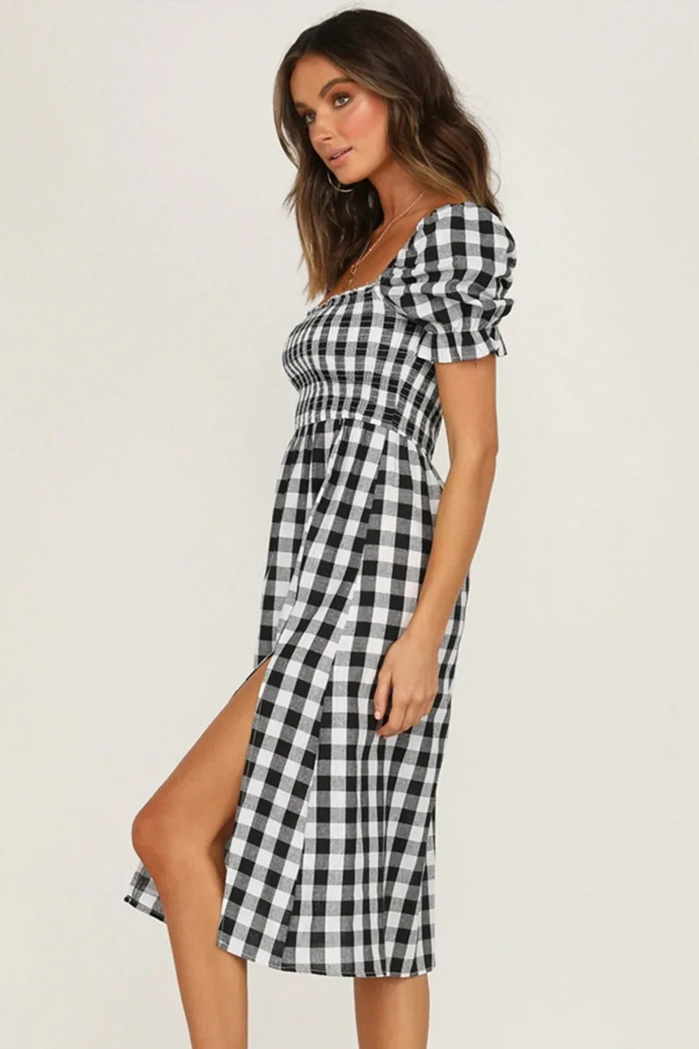 Plaid Short Sleeve Midi Dress Trendsi Plaid Short Sleeve Midi Dress