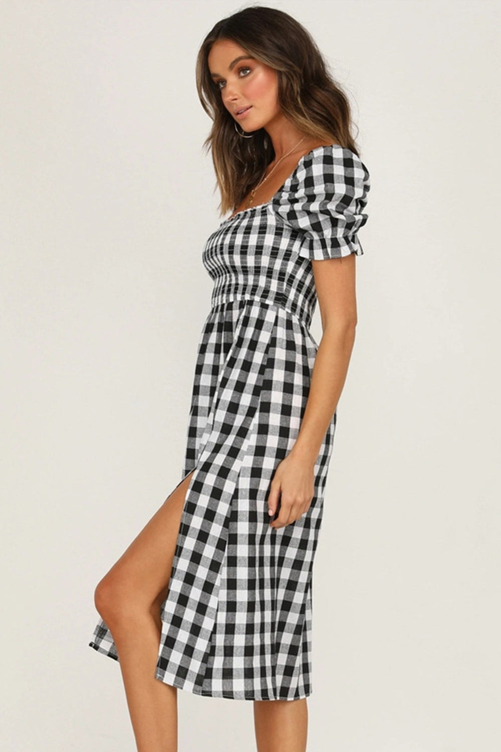 Plaid Short Sleeve Midi Dress