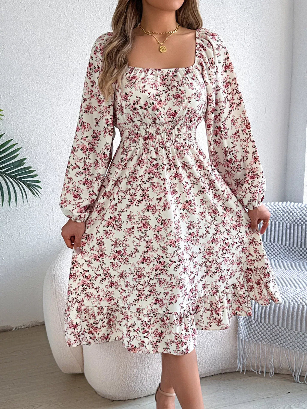 Floral Long Sleeve Square Neck Midi Dress Bazaare Mart Long Sleeve Floral Peasant Dress