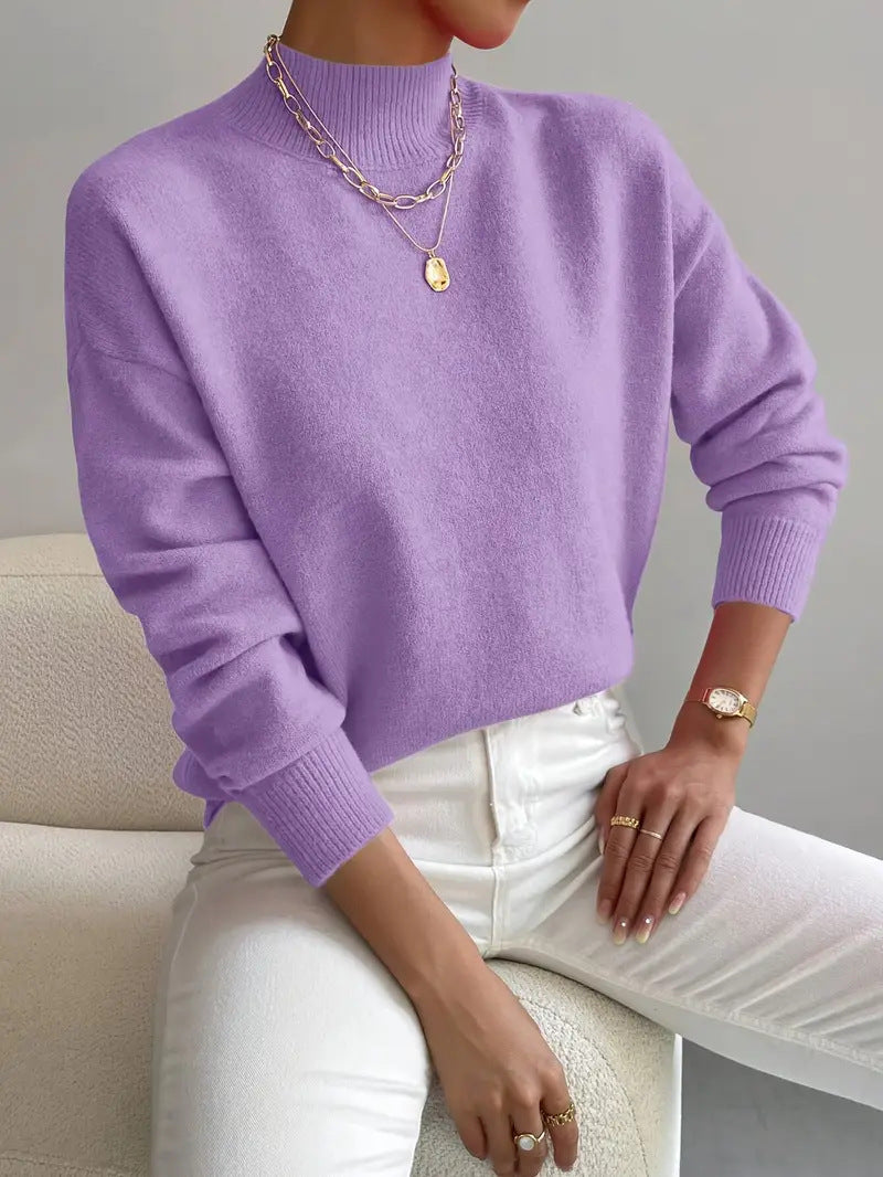 Elegant Solid Color Mock Neck Pullover Sweater