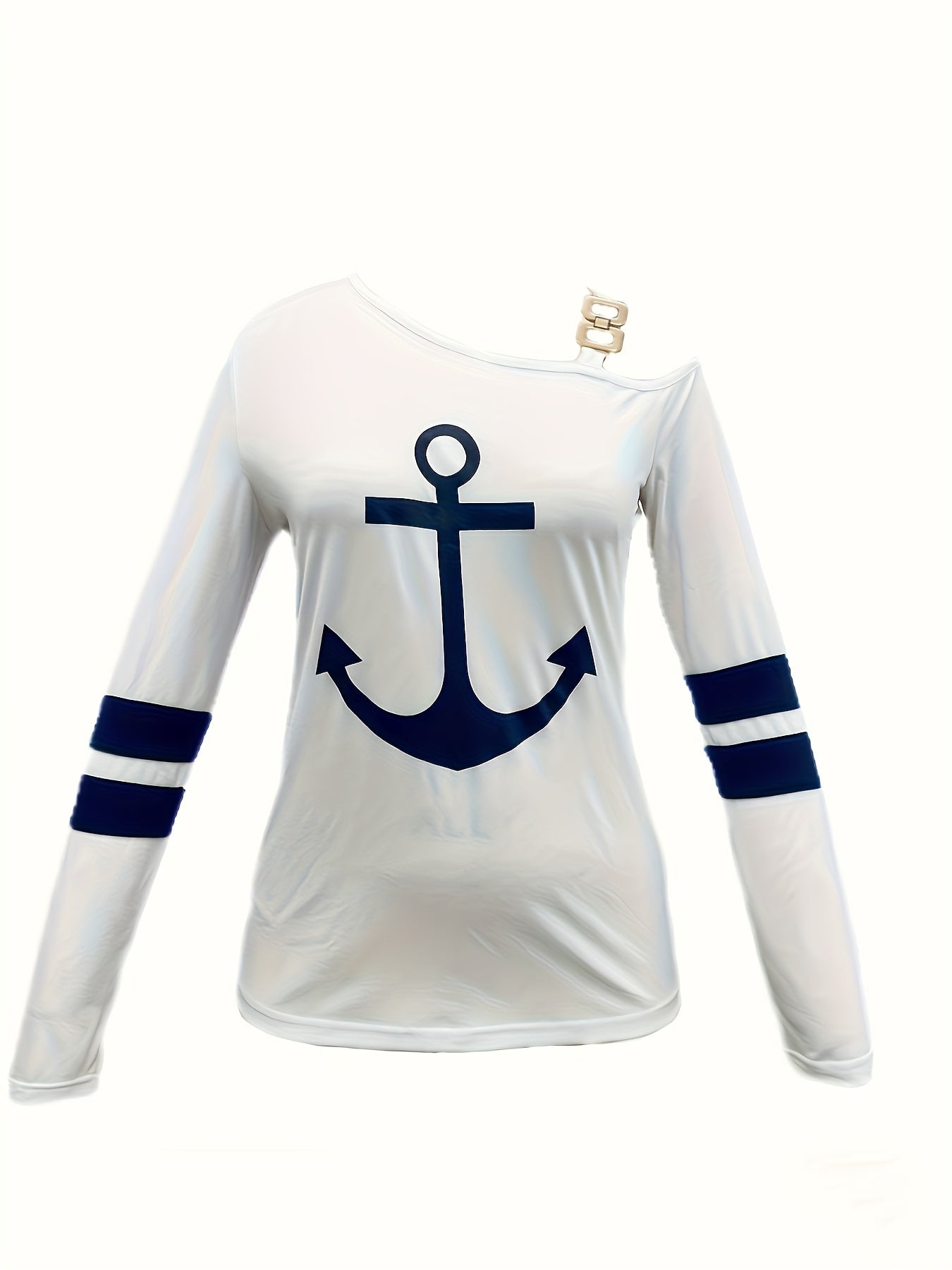 Anchor Print Off Shoulder Chain Detail Long Sleeve T-Shirt