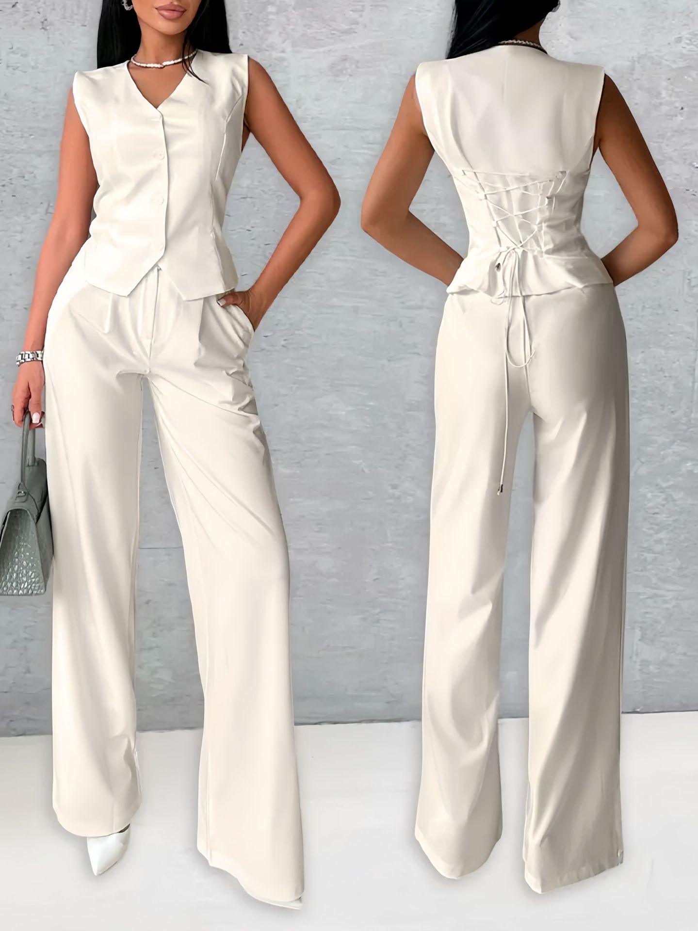 Women’s Vest & Wide Leg Pants Two-Piece Set – Elegant Commuter Matching Outfit Beige CJ Dropshipping Vest and Pants Set
