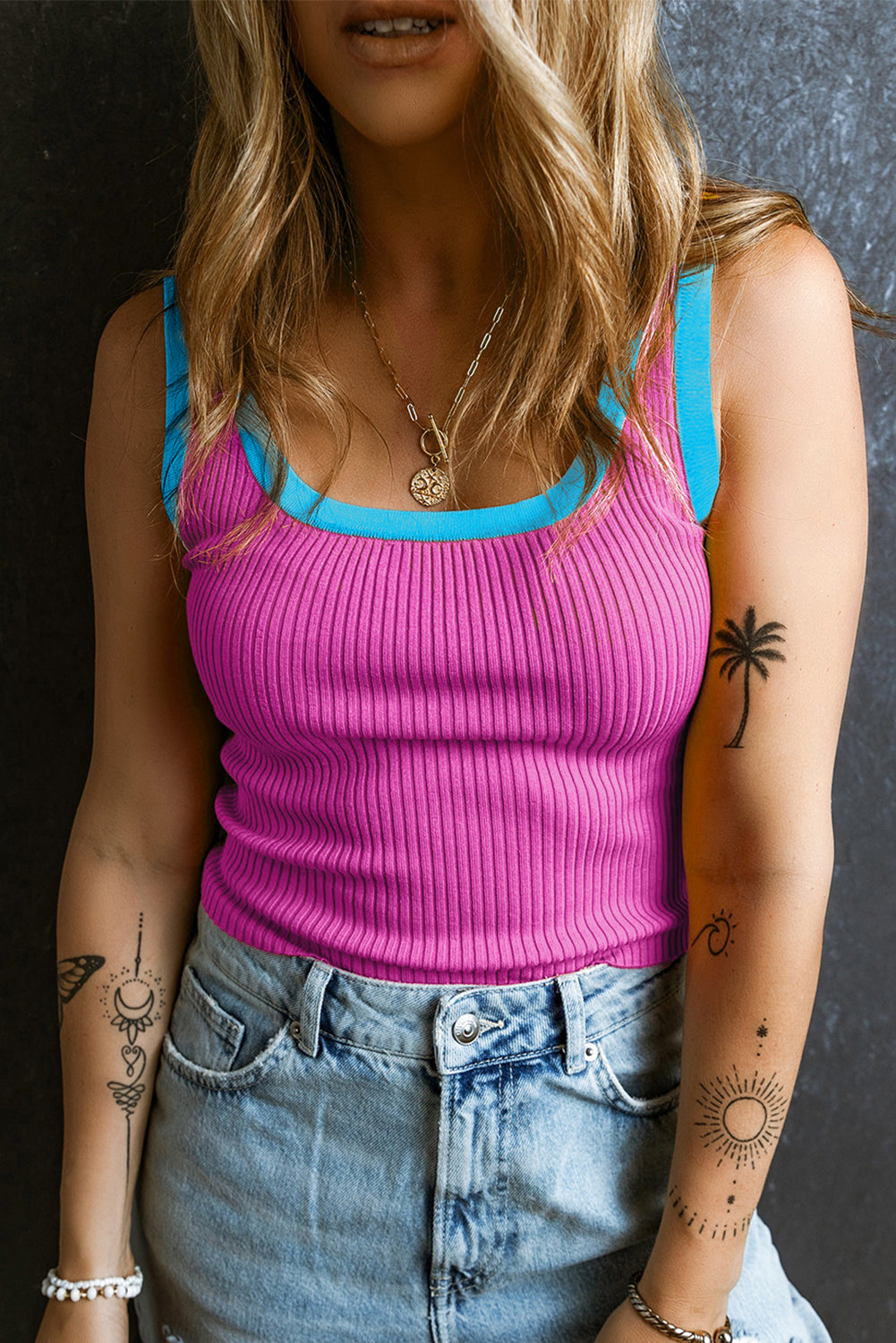 Magenta Colorblock Edge Ribbed Knit U Neck Tank Top