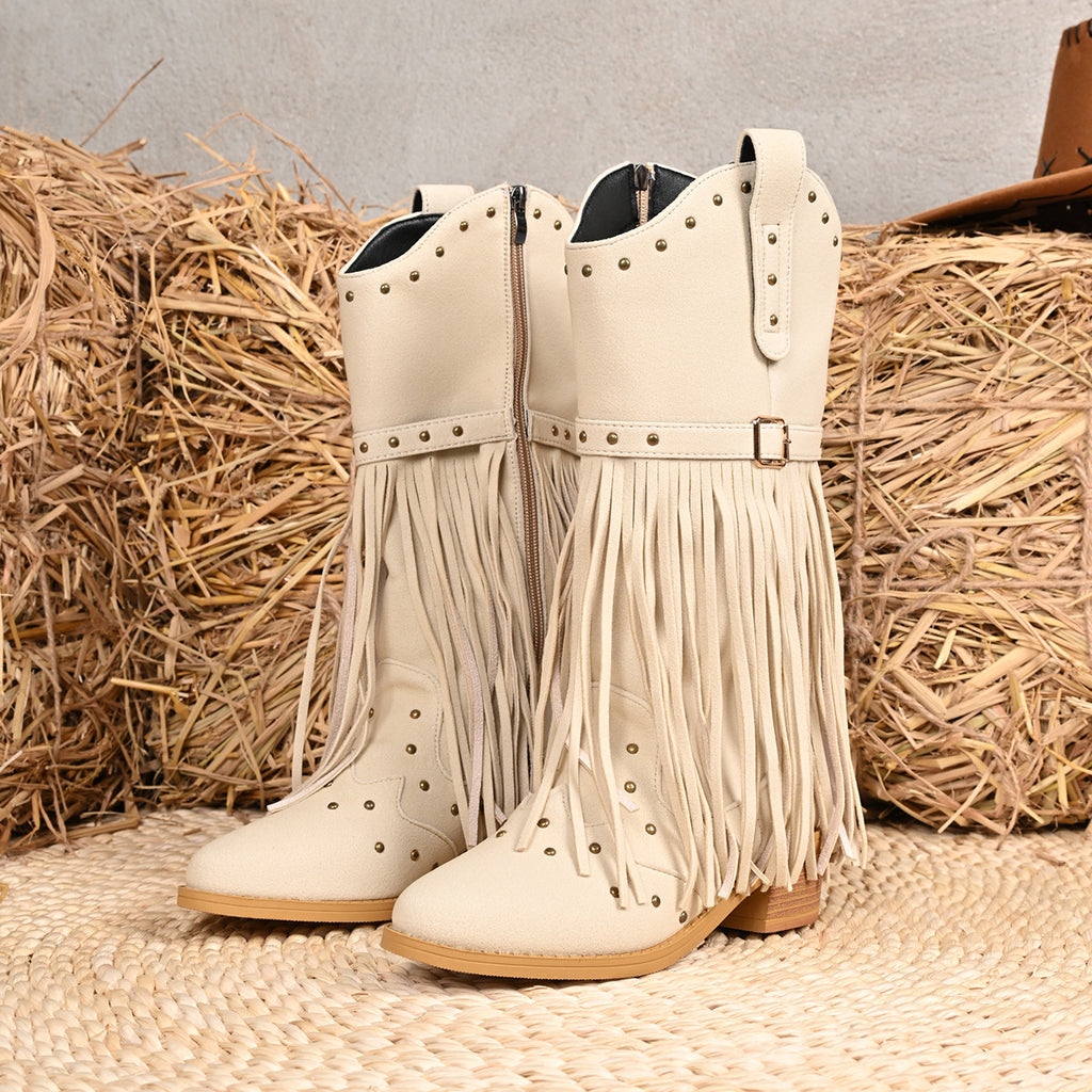 Western Cowboy Tassel Boots – Belt Buckle Rivet Mid-Calf Cowgirl Boots Beige CJ Dropshipping Tasseled Boots