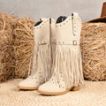 Western Cowboy Tassel Boots – Belt Buckle Rivet Mid-Calf Cowgirl Boots Beige CJ Dropshipping Tasseled Boots