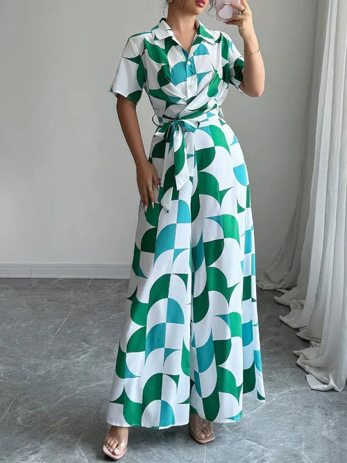 Classy Green Geo Print Belted Wide Leg Jumpsuit Bazaare Mart Geometric Print Belted Wide Leg Jumpsuit