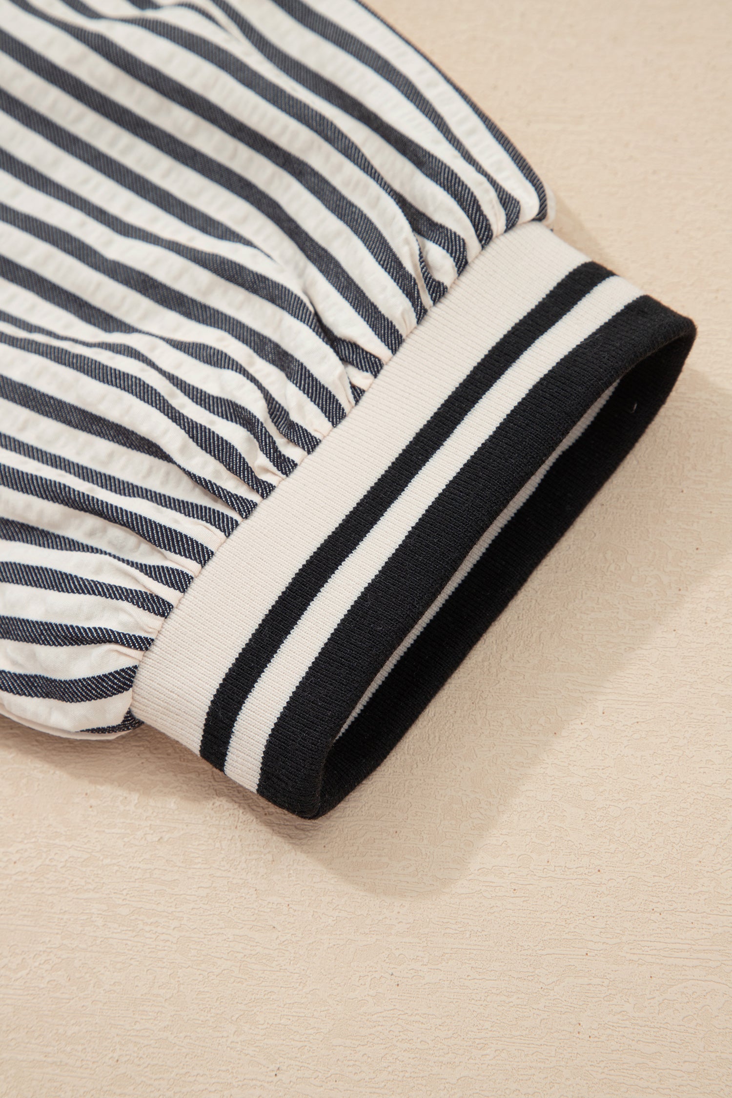 B&W Stripe Polo Collar Half Zip Short Puff Sleeve Blouse Bazaare Mart Tops/Blouses & Shirts