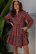 Red Plaid Long Sleeve Mini Dress Dear-Lover Dropshipping Dresses/Mini Dresses