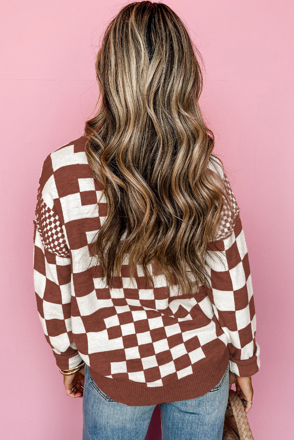 Brown Checkered Drop Shoulder Round Neck Sweater