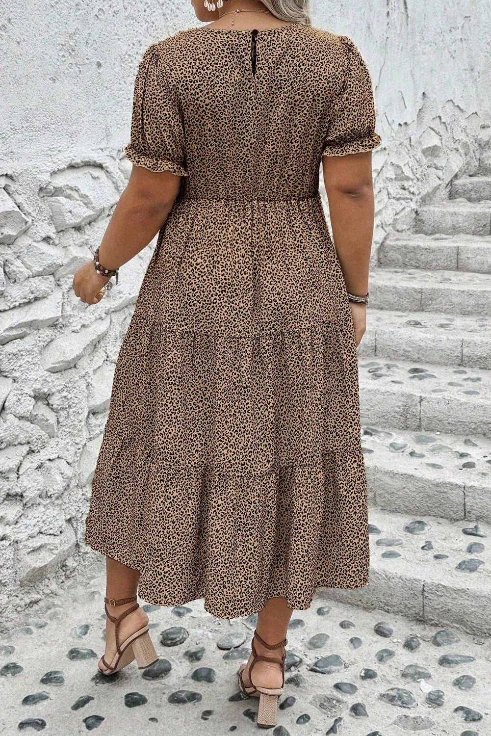 Leopard Print Frill Trim Short Sleeve Flared Dress Bazaare Mart Plus Size/Plus Size Dresses/Plus Size Midi Dresses