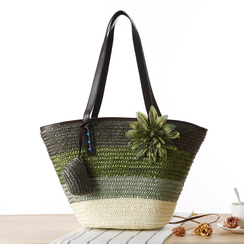 Green Striped Straw Beach Bag