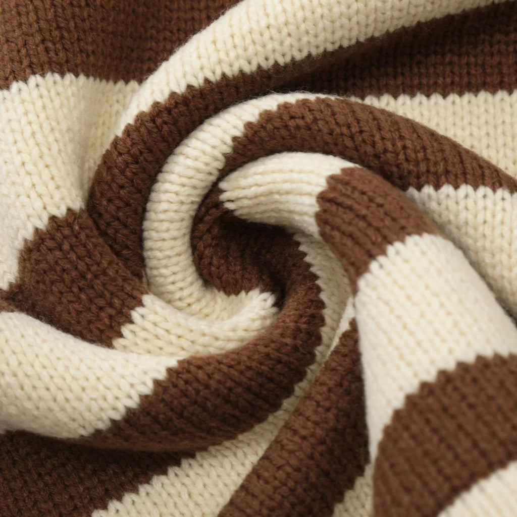 American Retro Striped Furry Lapel Sweater Bazaare Mart Brown Striped Sweater Top