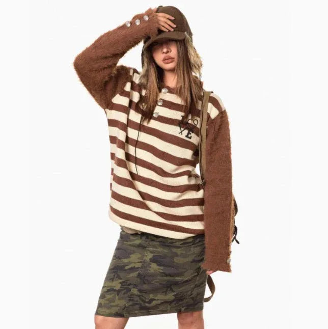 American Retro Striped Furry Lapel Sweater Bazaare Mart Brown Striped Sweater Top