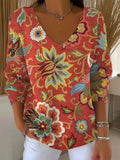 Autumn 3/4 Sleeve V-Neck Knit Top Red Floral Bazaare Mart Fall 3/4 Sleeve Top