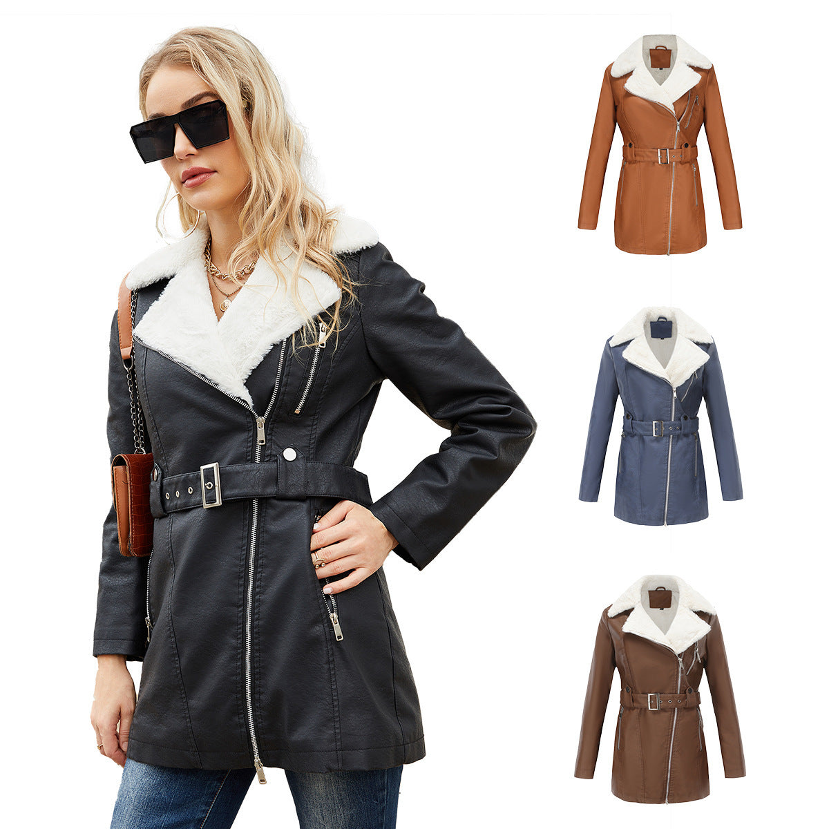 PU Leather and Fleece Belted Jacket