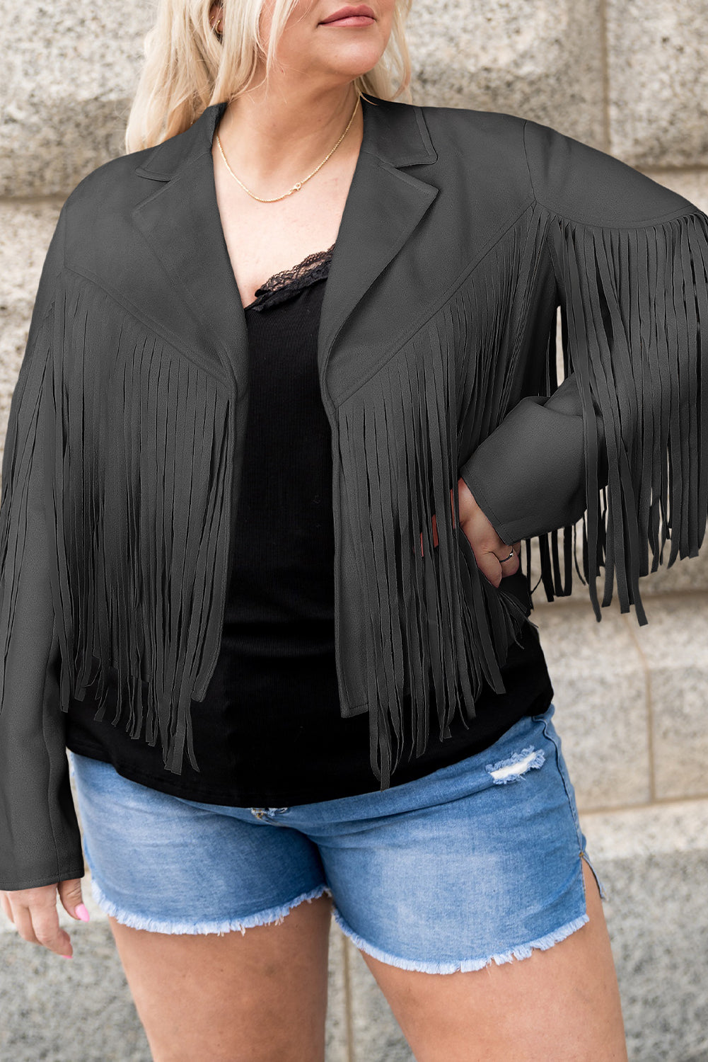 Dark Grey Open Front Fringe Jacket