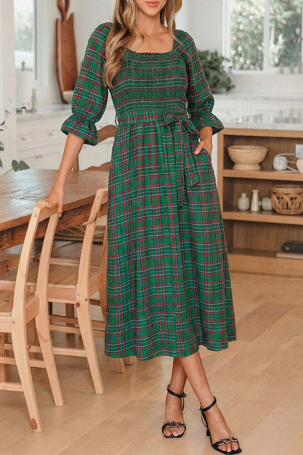 Tartan Plaid Square Neck Puff Sleeve Flared Midi Dress Bazaarre Mart Dresses/Maxi Dresses