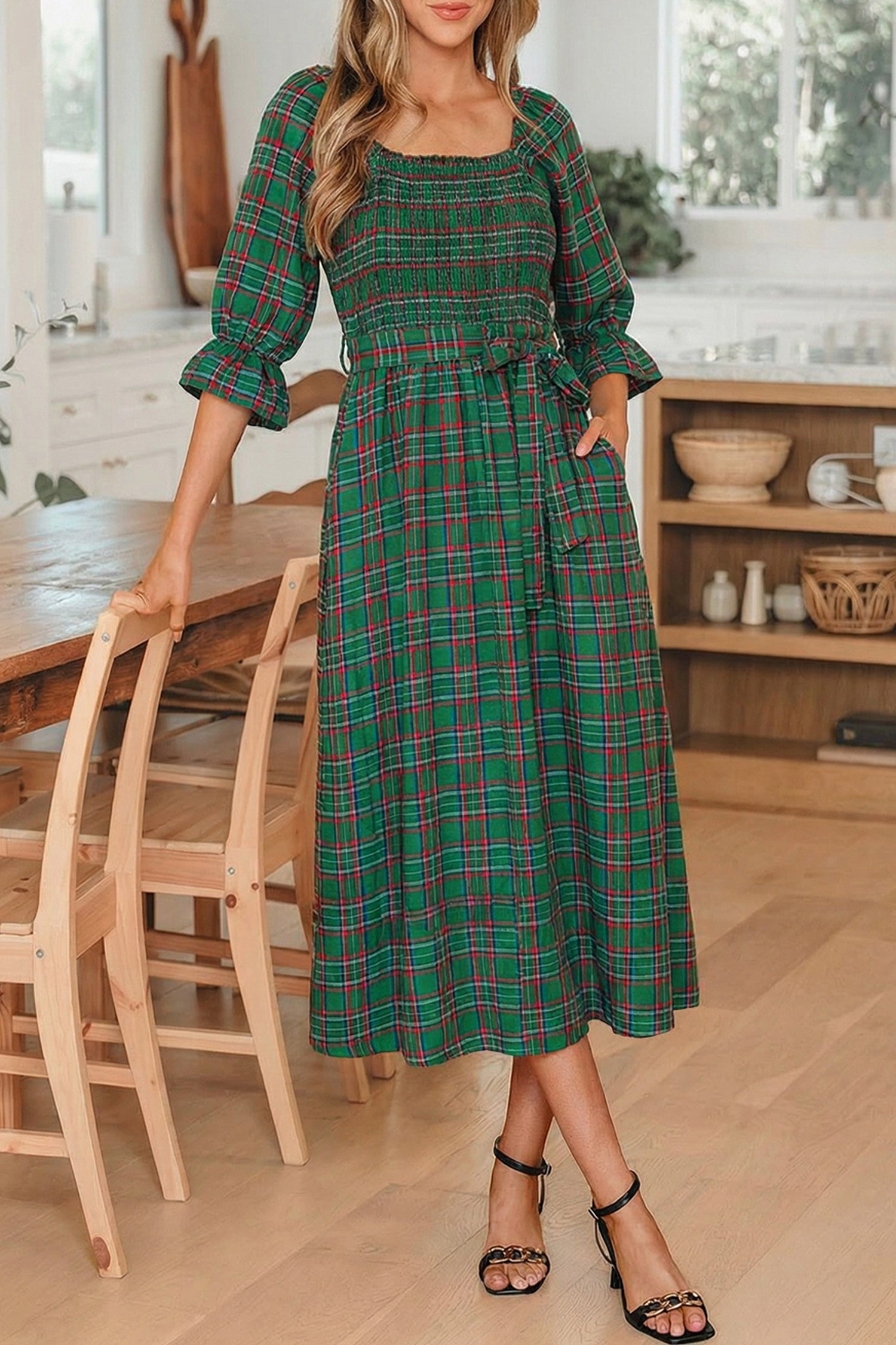 Tartan Plaid Square Neck Puff Sleeve Flared Midi Dress Bazaarre Mart Dresses/Maxi Dresses