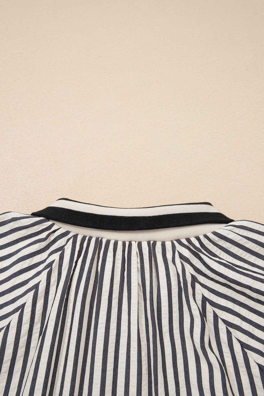 B&W Stripe Polo Collar Half Zip Short Puff Sleeve Blouse Bazaare Mart Tops/Blouses & Shirts