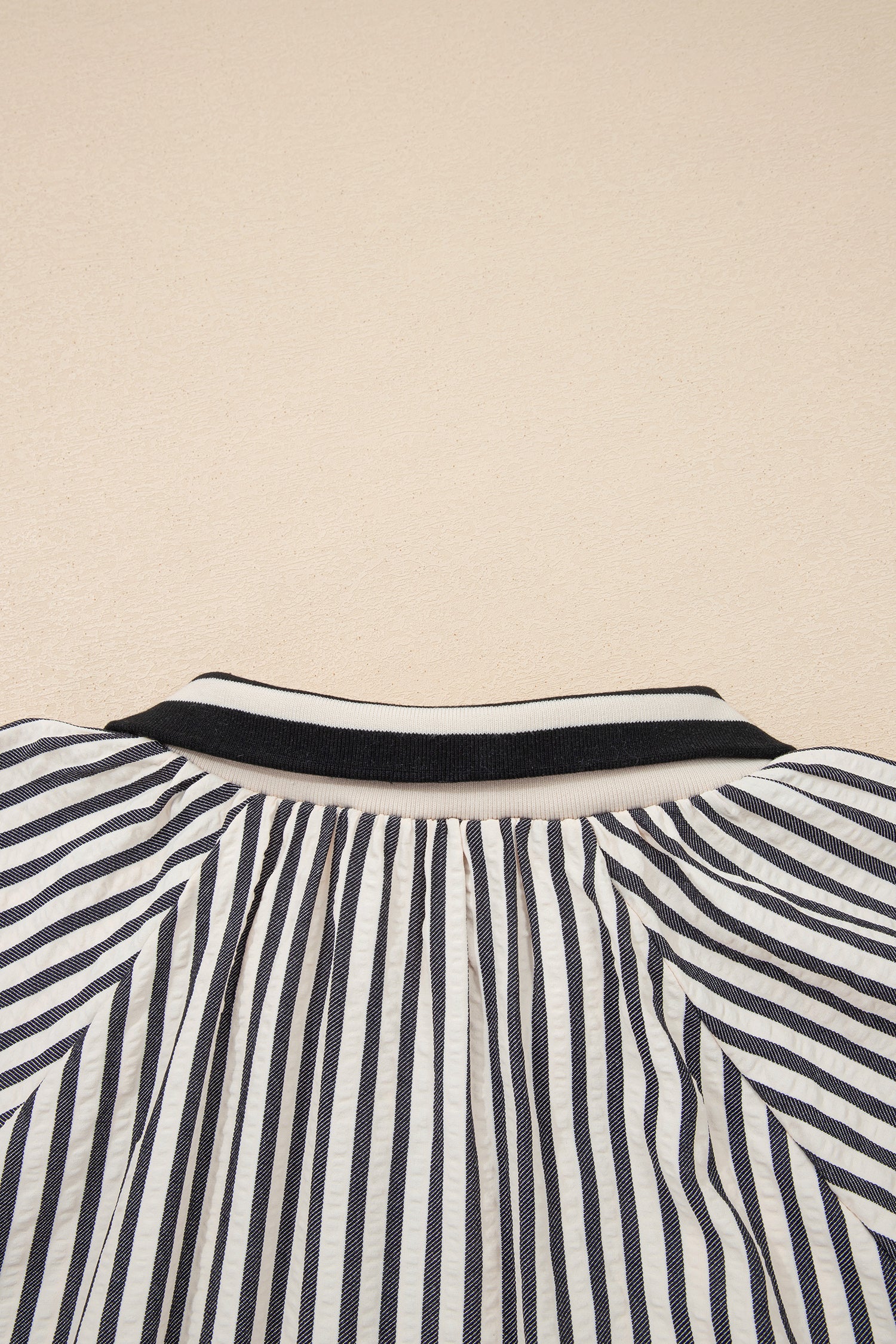B&W Stripe Polo Collar Half Zip Short Puff Sleeve Blouse Bazaare Mart Tops/Blouses & Shirts
