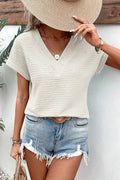 Pale Khaki Textured Wide Sleeve V Neck T Shirt Pale Khaki 95%Polyester+5%Elastane Bazaare Mart Tops/Tops & Tees