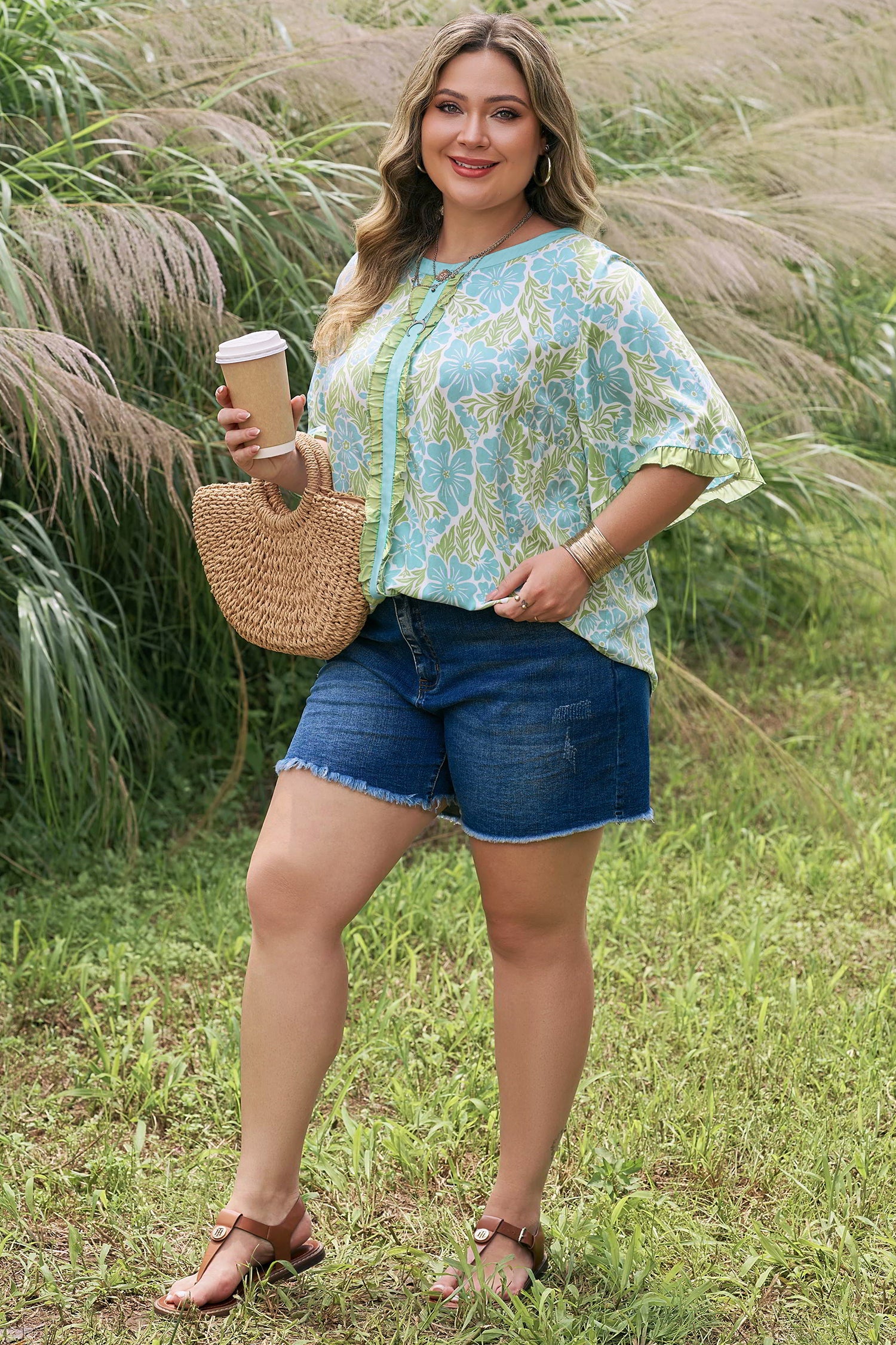 Plus Size Floral Blouse – Sky Blue Frilled Sleeve Color Block Trim Top Dear-Lover Dropshipping Plus Size/Plus Size Tops/Plus Size Blouses & Shirts