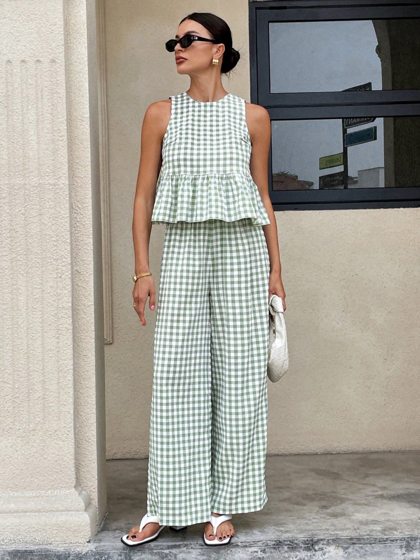 Retro Plaid Sleeveless Top With Ruffled Hem And Straight-leg Pants Bean Green CJ Dropshipping Retro Plaid Sleeveless Pants Set