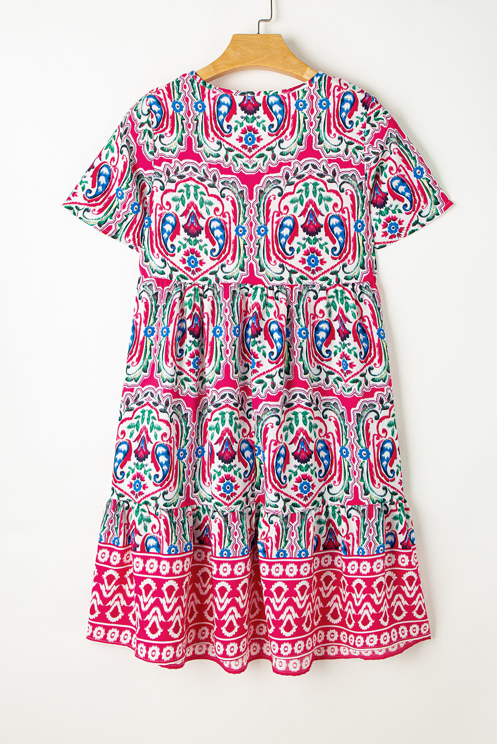 Pink Short Sleeve Bohemian Print Dress