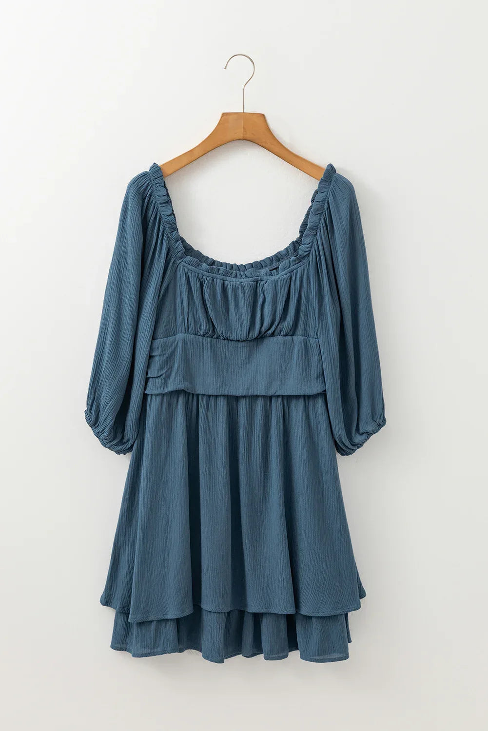 Real Teal Frilled Neckline 3/4 Sleeve Layered Ruched Mini Dress Bazaare Mart Dresses/Mini Dresses